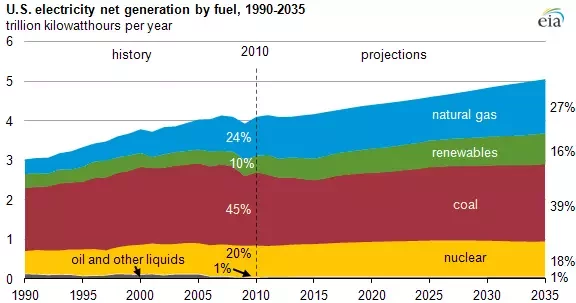 Источники получения электроэнергии в США с прогнозом на будущее.