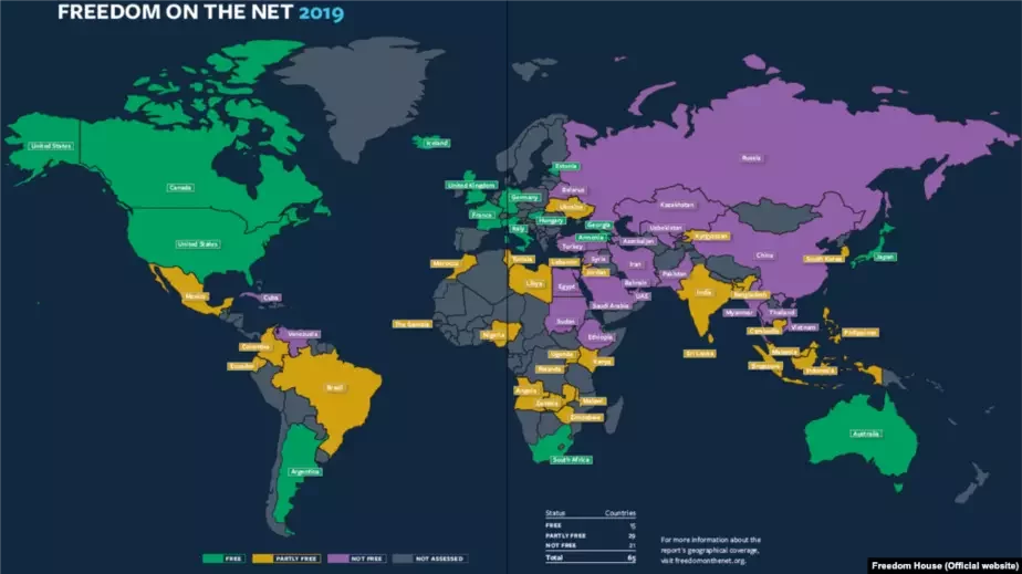 Мапа свабоды інтэрнэту ў сьвеце ў 2019 — справаздача Freedom House