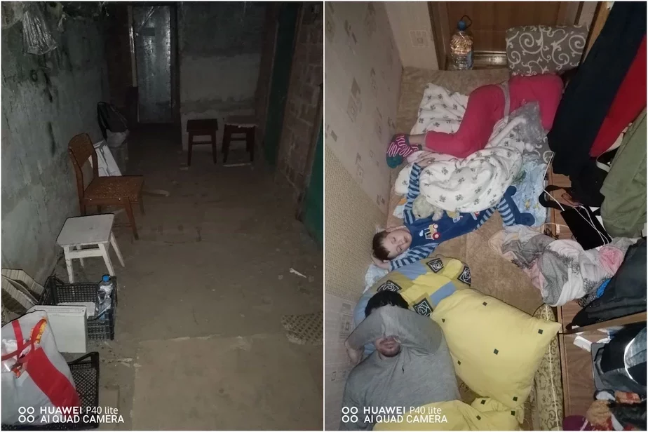 Слева — подвал в доме, который используют в качестве бомбоубежища. Справа — коридор квартиры, где семья в целях безопасности проводит большинство времени.