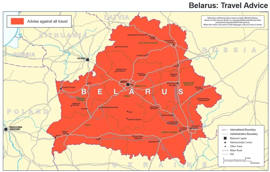 Карта от МИД Великобритании. Беларусь на ней — зона, в которую нежелателен въезд