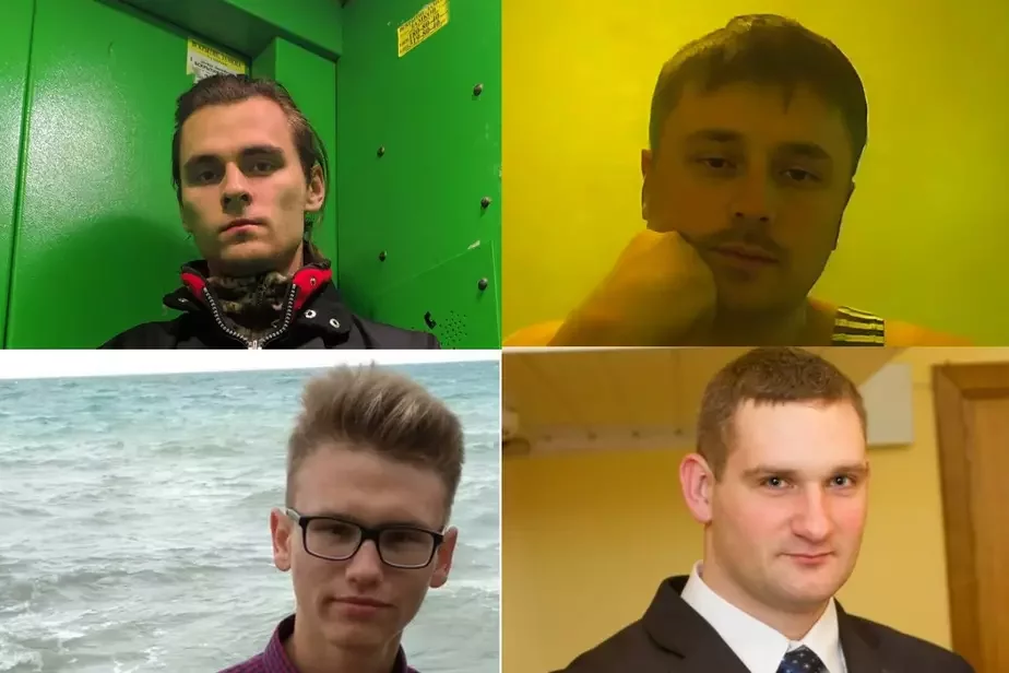 Задержанные. Сверху слева направо: Максим Савко, Виталий Самаль. Нижний ряд: Данила Витунов и Виталий Ахремчик